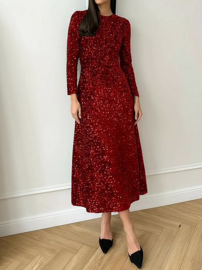 Elegant Sequin Maxi Dress for Women with Round Neck Long Sleeve Flowing Sparkle Autumn Wedding Guest Style