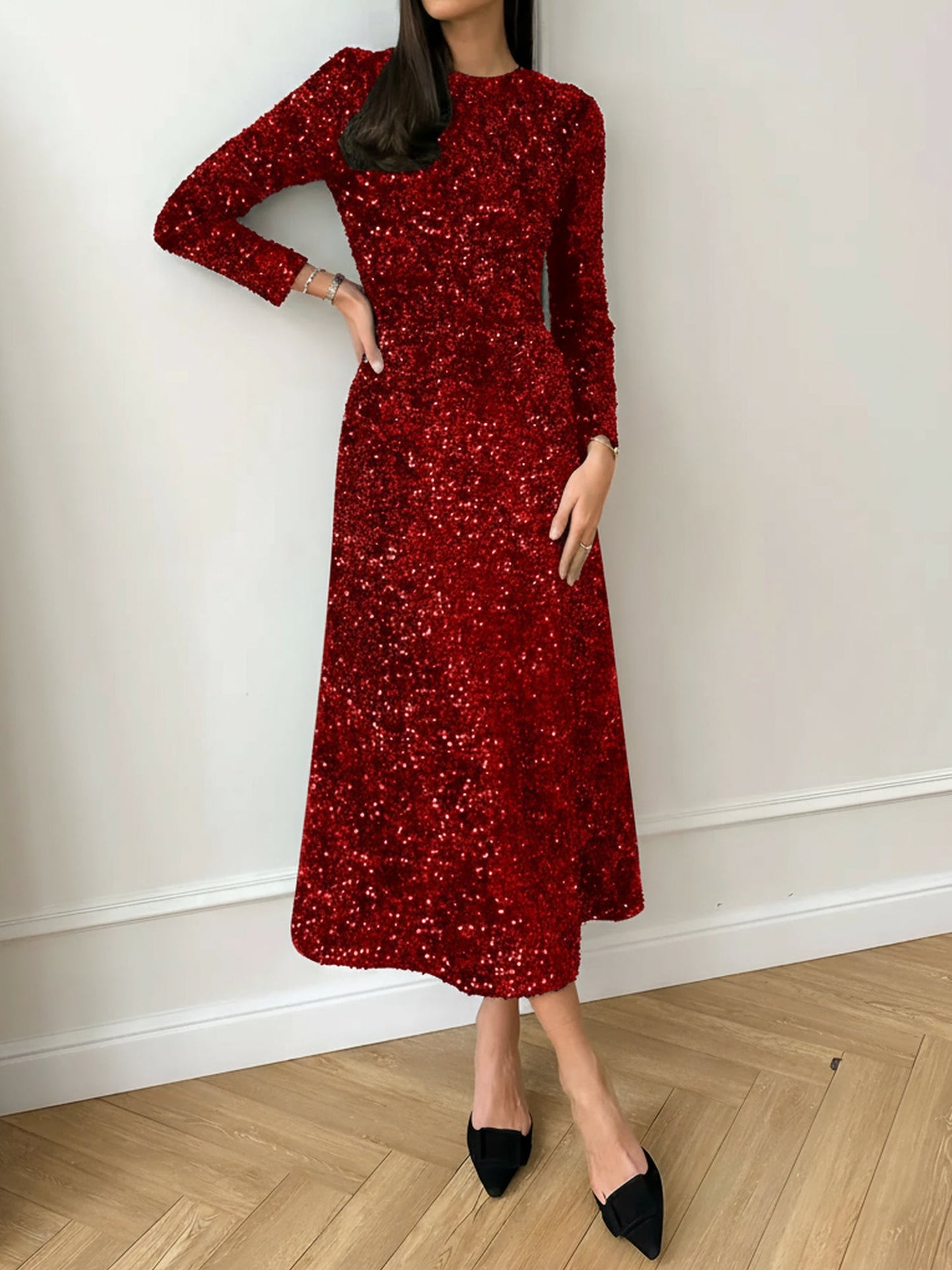 Elegant Sequin Maxi Dress for Women with Round Neck Long Sleeve Flowing Sparkle Autumn Wedding Guest Style