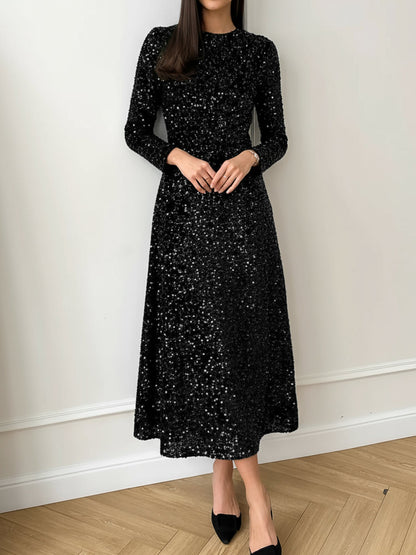 Elegant Sequin Maxi Dress for Women with Round Neck Long Sleeve Flowing Sparkle Autumn Wedding Guest Style
