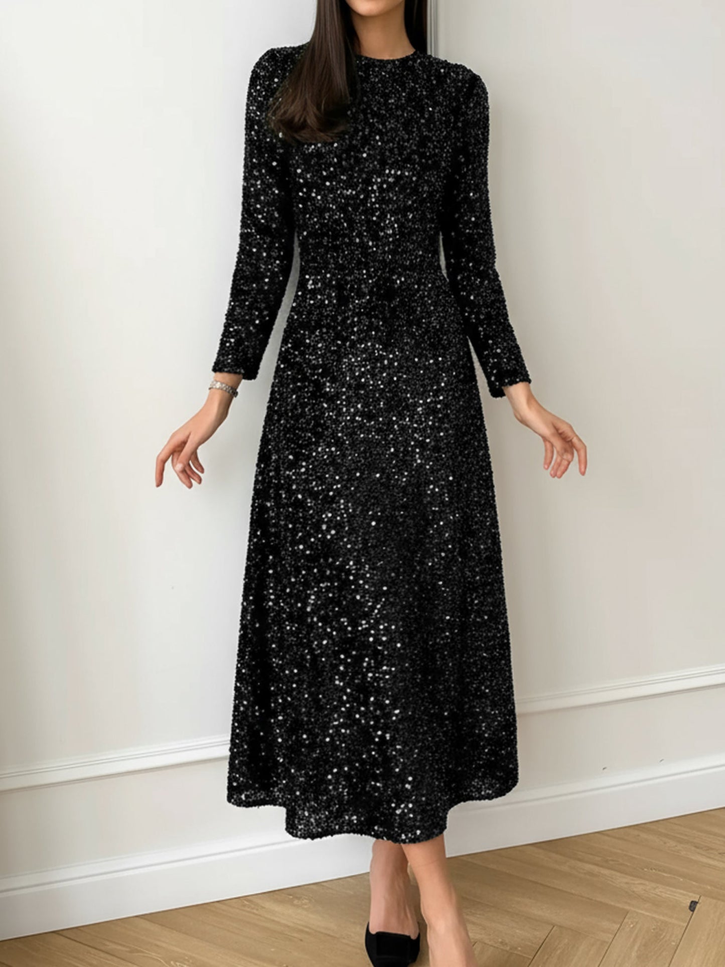 Elegant Sequin Maxi Dress for Women with Round Neck Long Sleeve Flowing Sparkle Autumn Wedding Guest Style
