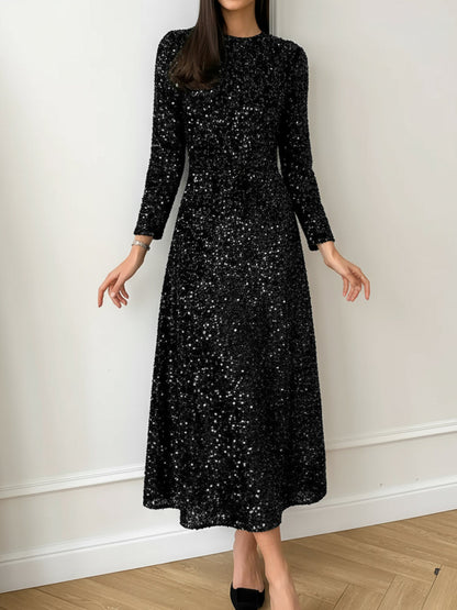Elegant Sequin Maxi Dress for Women with Round Neck Long Sleeve Flowing Sparkle Autumn Wedding Guest Style