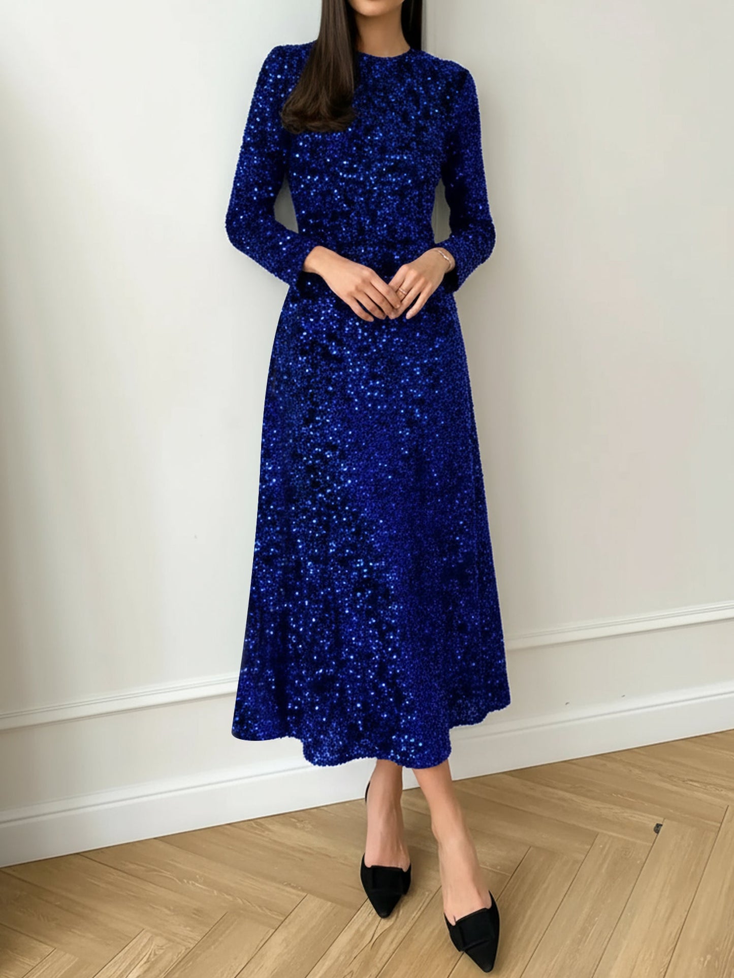 Elegant Sequin Maxi Dress for Women with Round Neck Long Sleeve Flowing Sparkle Autumn Wedding Guest Style