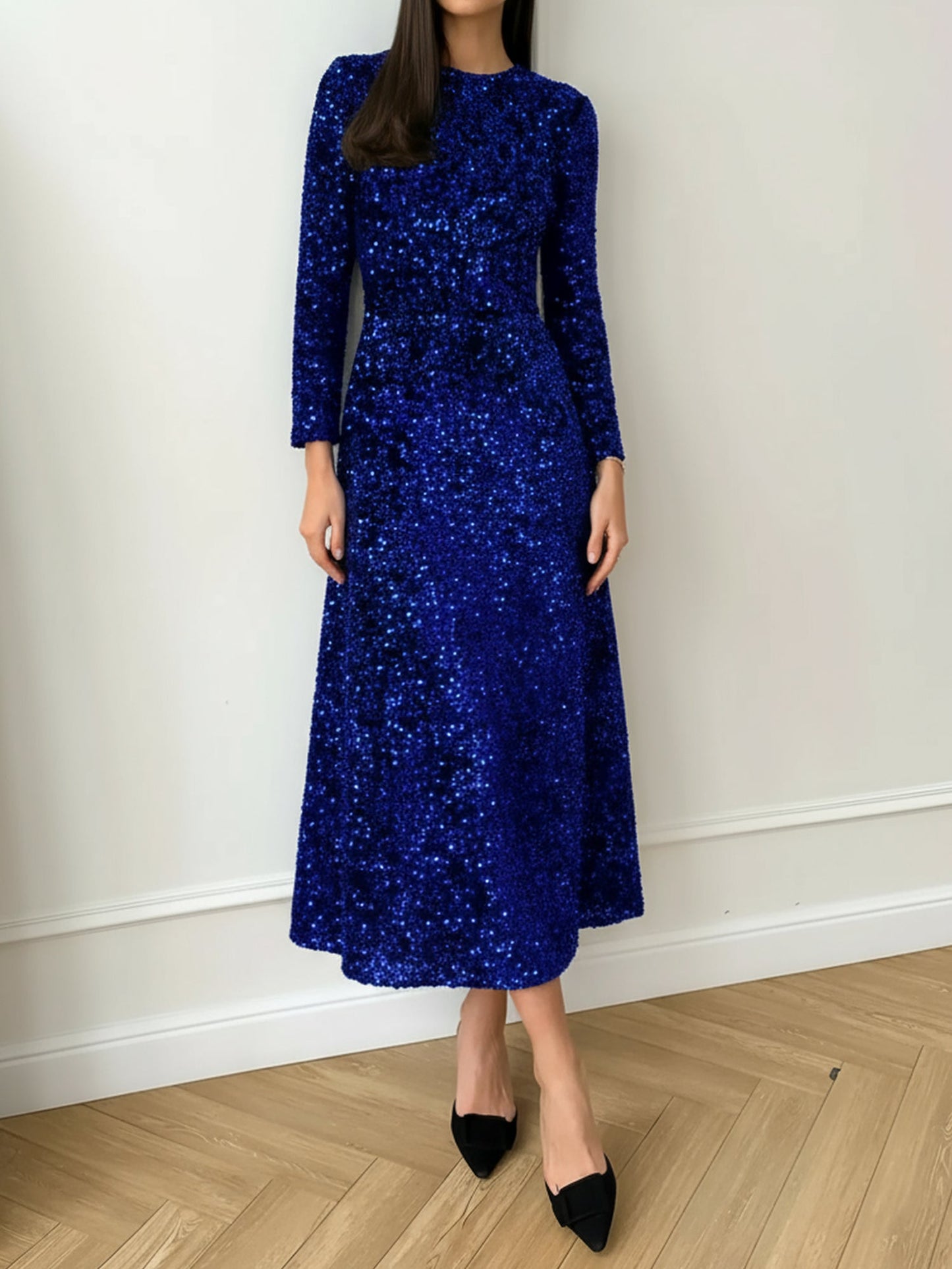 Elegant Sequin Maxi Dress for Women with Round Neck Long Sleeve Flowing Sparkle Autumn Wedding Guest Style