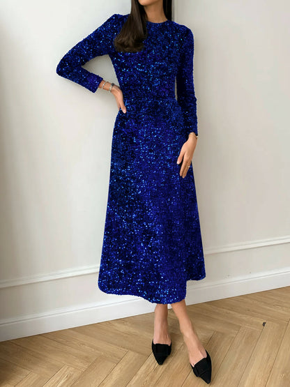 Elegant Sequin Maxi Dress for Women with Round Neck Long Sleeve Flowing Sparkle Autumn Wedding Guest Style