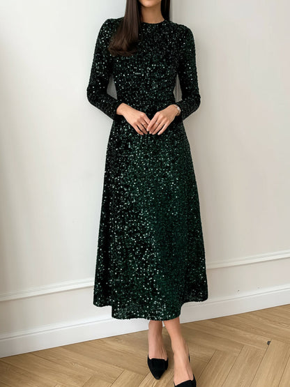 Elegant Sequin Maxi Dress for Women with Round Neck Long Sleeve Flowing Sparkle Autumn Wedding Guest Style