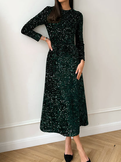 Elegant Sequin Maxi Dress for Women with Round Neck Long Sleeve Flowing Sparkle Autumn Wedding Guest Style