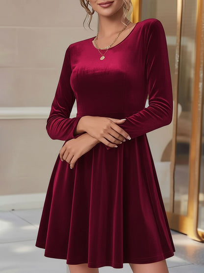 Elegant Velvet Mini Dress for Women with Round Neck Long Sleeve Flared A Line Autumn Wedding Guest Style