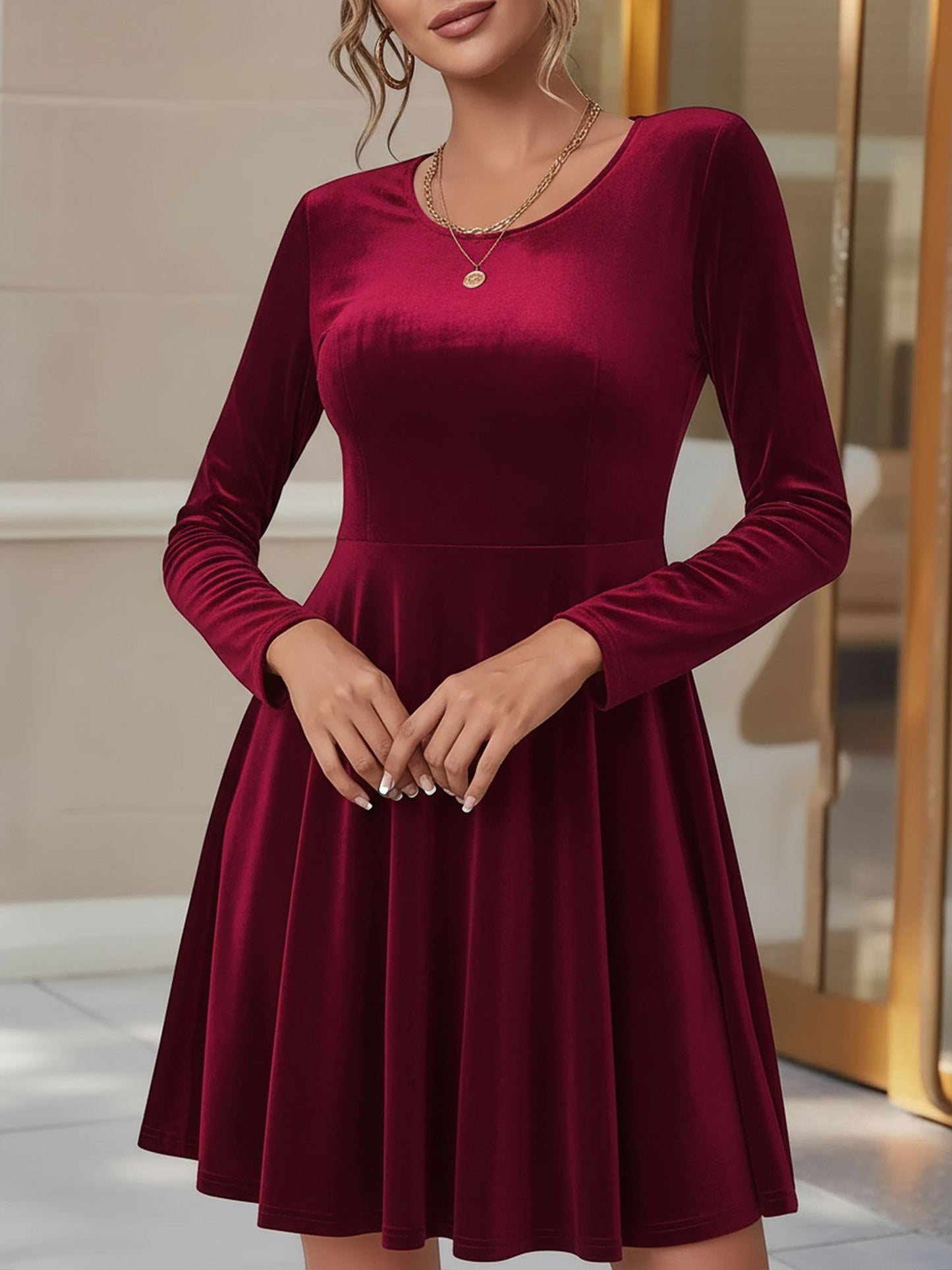 Elegant Velvet Mini Dress for Women with Round Neck Long Sleeve Flared A Line Autumn Wedding Guest Style