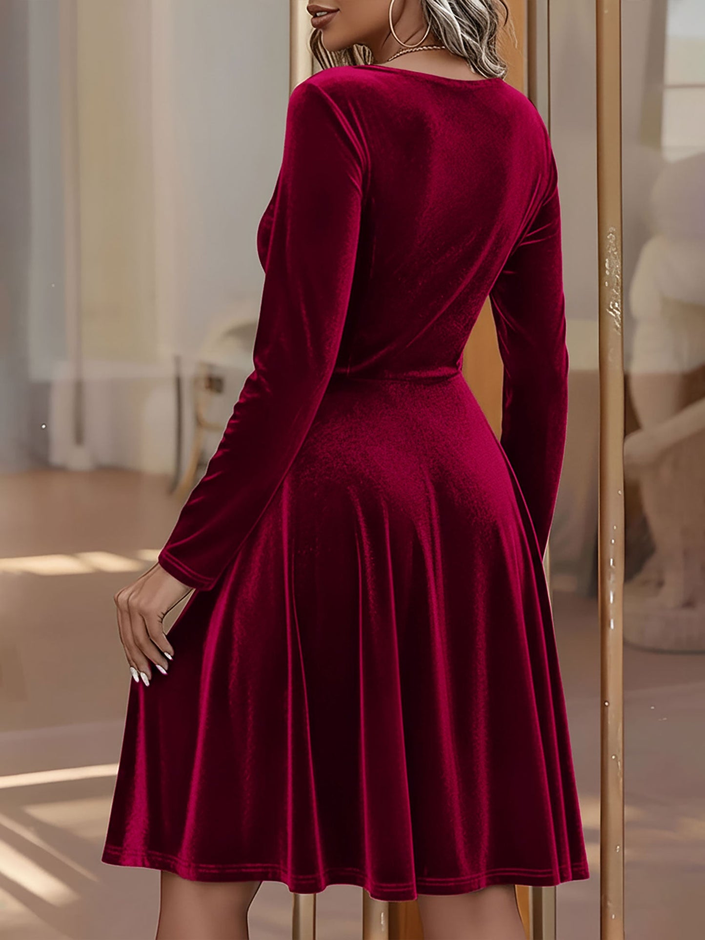 Elegant Velvet Mini Dress for Women with Round Neck Long Sleeve Flared A Line Autumn Wedding Guest Style