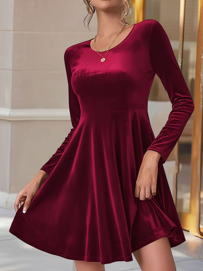 Elegant Velvet Mini Dress for Women with Round Neck Long Sleeve Flared A Line Autumn Wedding Guest Style