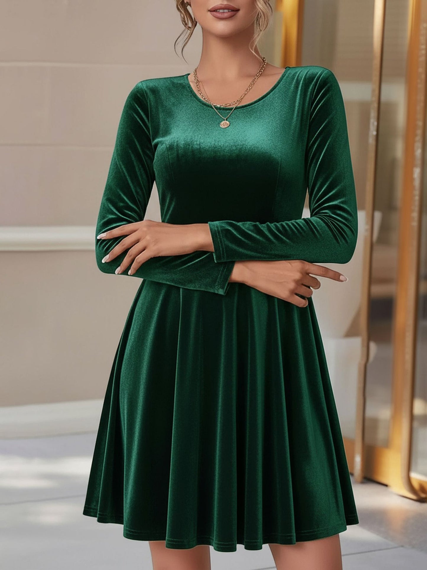 Elegant Velvet Mini Dress for Women with Round Neck Long Sleeve Flared A Line Autumn Wedding Guest Style