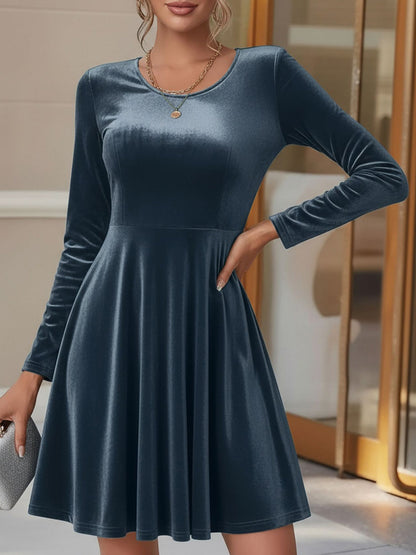 Elegant Velvet Mini Dress for Women with Round Neck Long Sleeve Flared A Line Autumn Wedding Guest Style