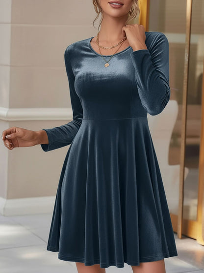 Elegant Velvet Mini Dress for Women with Round Neck Long Sleeve Flared A Line Autumn Wedding Guest Style