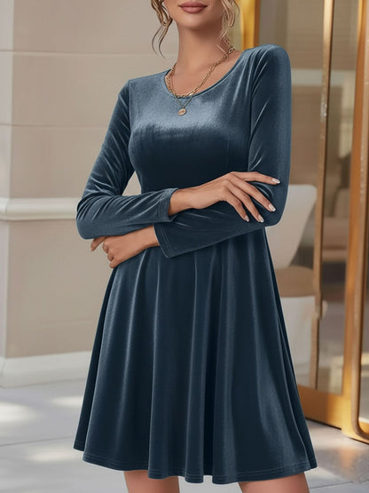 Elegant Velvet Mini Dress for Women with Round Neck Long Sleeve Flared A Line Autumn Wedding Guest Style