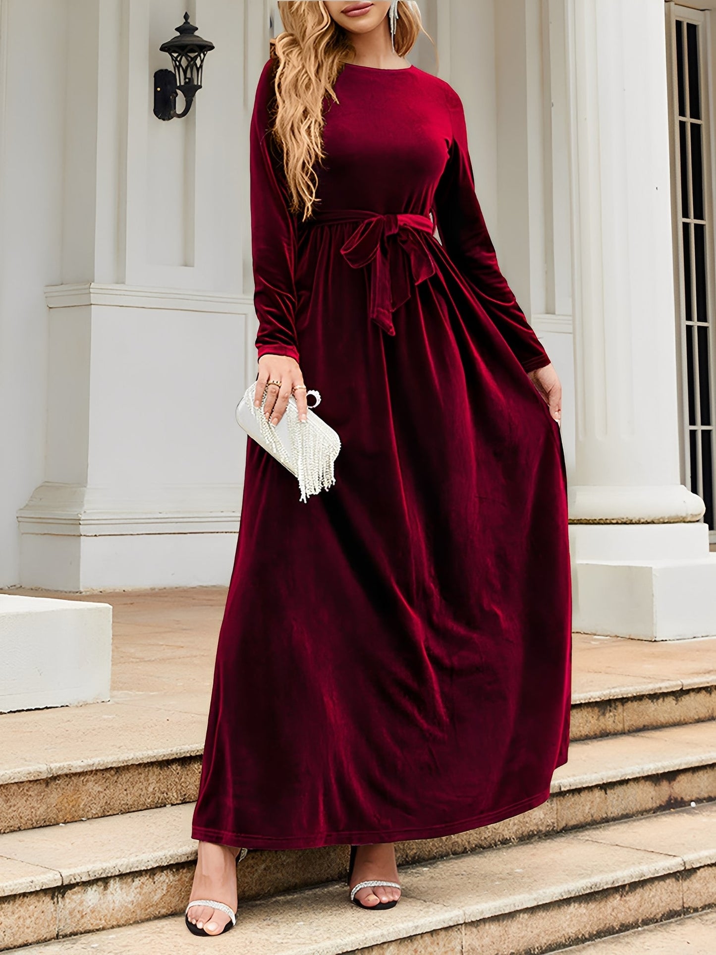 Elegant Velvet Maxi Dress for Women with Round Neck Long Sleeve Belted Flowing Autumn Wedding Guest Style