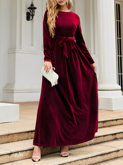 Elegant Velvet Maxi Dress for Women with Round Neck Long Sleeve Belted Flowing Autumn Wedding Guest Style