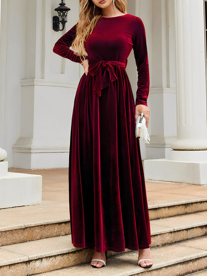 Elegant Velvet Maxi Dress for Women with Round Neck Long Sleeve Belted Flowing Autumn Wedding Guest Style