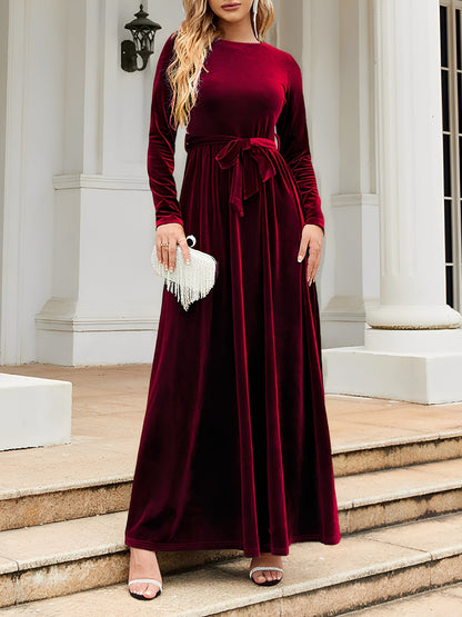 Elegant Velvet Maxi Dress for Women with Round Neck Long Sleeve Belted Flowing Autumn Wedding Guest Style