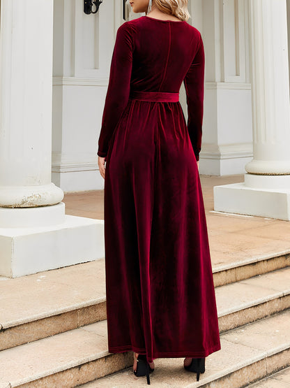 Elegant Velvet Maxi Dress for Women with Round Neck Long Sleeve Belted Flowing Autumn Wedding Guest Style