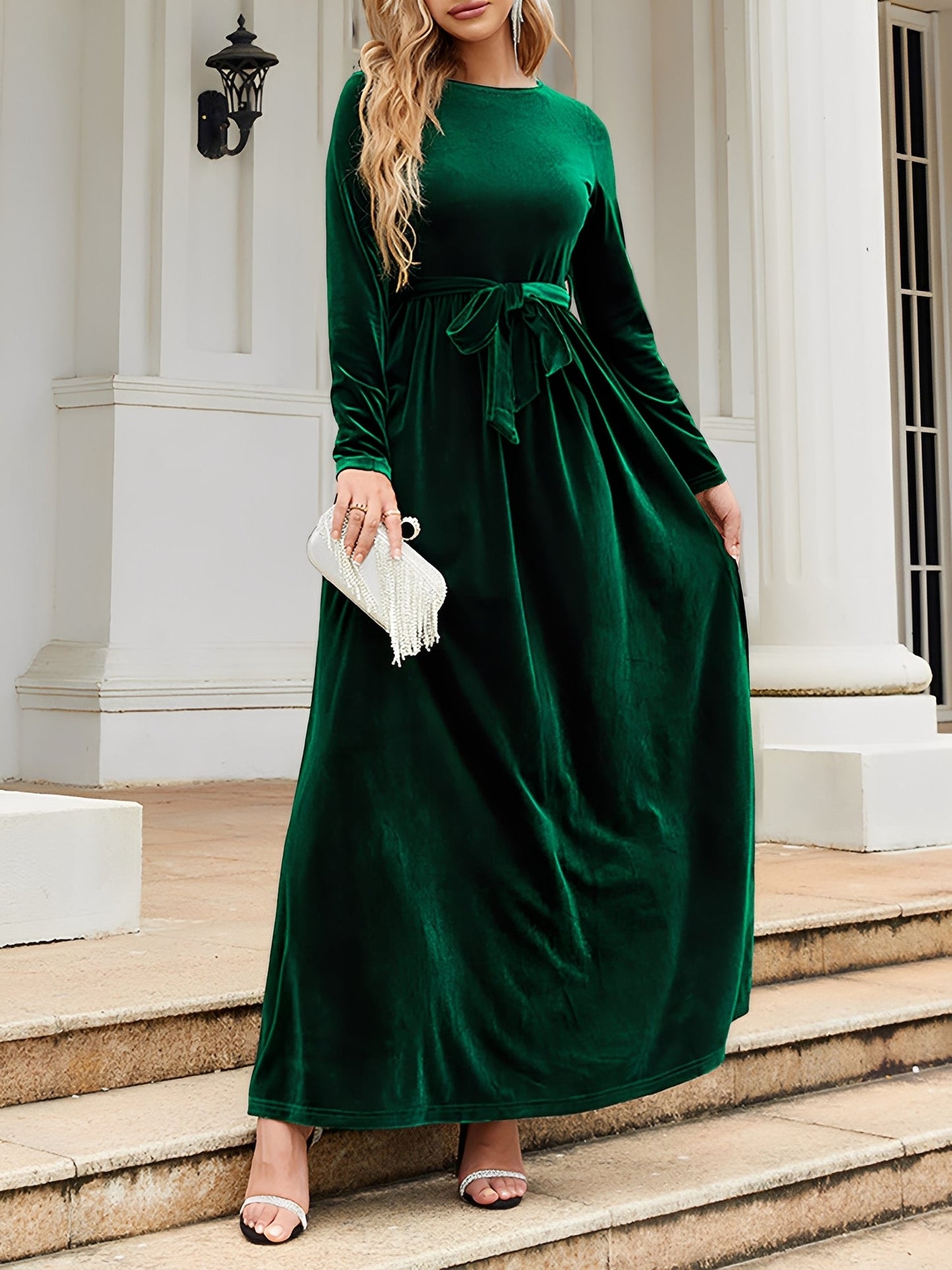 Elegant Velvet Maxi Dress for Women with Round Neck Long Sleeve Belted Flowing Autumn Wedding Guest Style