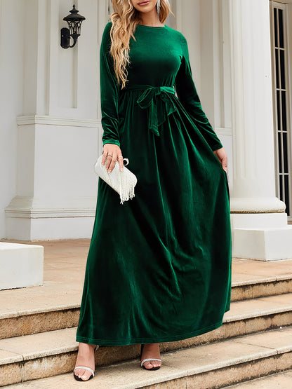 Elegant Velvet Maxi Dress for Women with Round Neck Long Sleeve Belted Flowing Autumn Wedding Guest Style