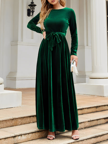 Elegant Velvet Maxi Dress for Women with Round Neck Long Sleeve Belted Flowing Autumn Wedding Guest Style