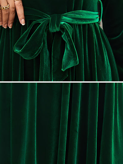 Elegant Velvet Maxi Dress for Women with Round Neck Long Sleeve Belted Flowing Autumn Wedding Guest Style
