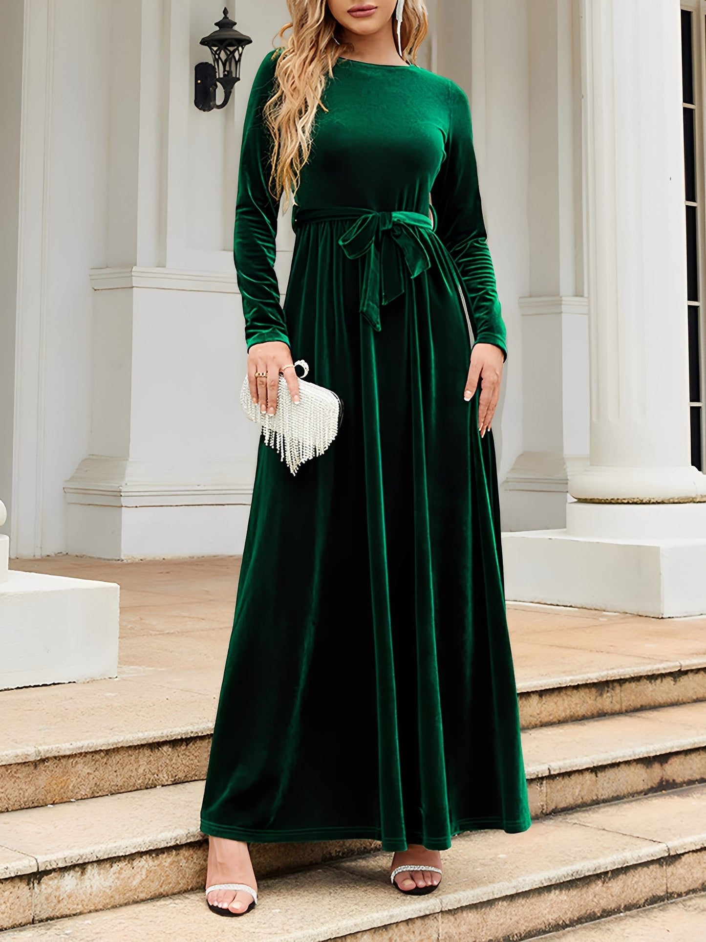 Elegant Velvet Maxi Dress for Women with Round Neck Long Sleeve Belted Flowing Autumn Wedding Guest Style