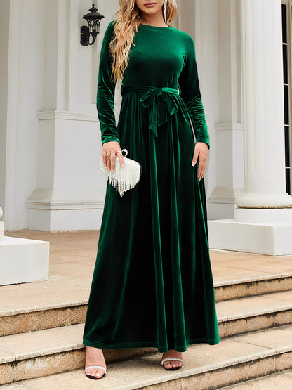 Elegant Velvet Maxi Dress for Women with Round Neck Long Sleeve Belted Flowing Autumn Wedding Guest Style