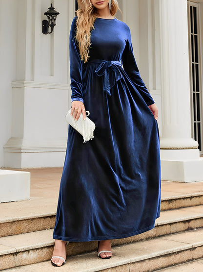 Elegant Velvet Maxi Dress for Women with Round Neck Long Sleeve Belted Flowing Autumn Wedding Guest Style