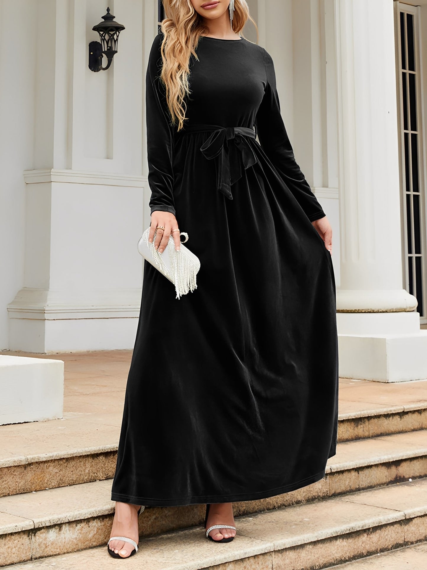Elegant Velvet Maxi Dress for Women with Round Neck Long Sleeve Belted Flowing Autumn Wedding Guest Style