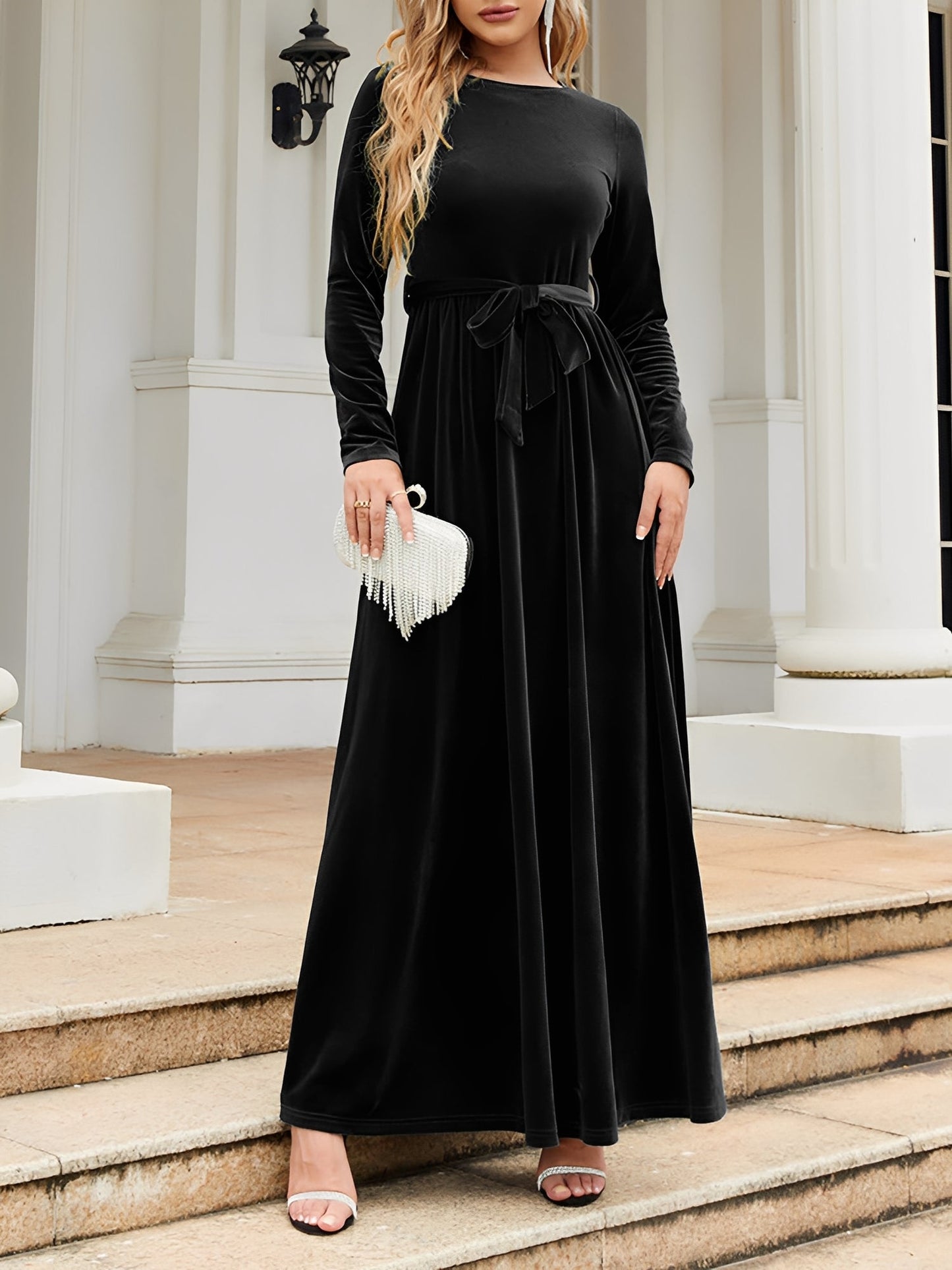 Elegant Velvet Maxi Dress for Women with Round Neck Long Sleeve Belted Flowing Autumn Wedding Guest Style