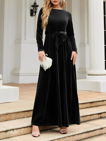 Elegant Velvet Maxi Dress for Women with Round Neck Long Sleeve Belted Flowing Autumn Wedding Guest Style