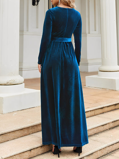 Elegant Velvet Maxi Dress for Women with Round Neck Long Sleeve Belted Flowing Autumn Wedding Guest Style