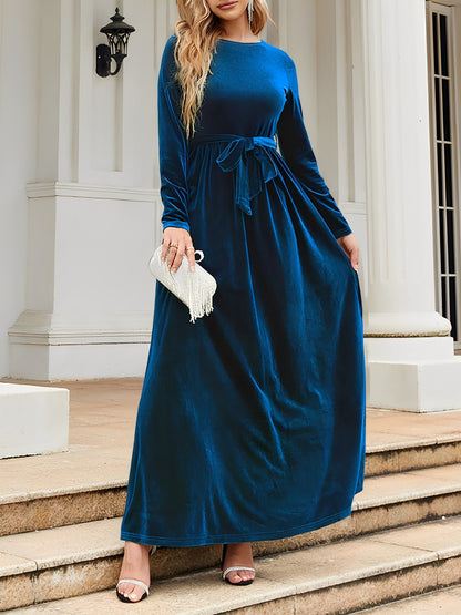 Elegant Velvet Maxi Dress for Women with Round Neck Long Sleeve Belted Flowing Autumn Wedding Guest Style