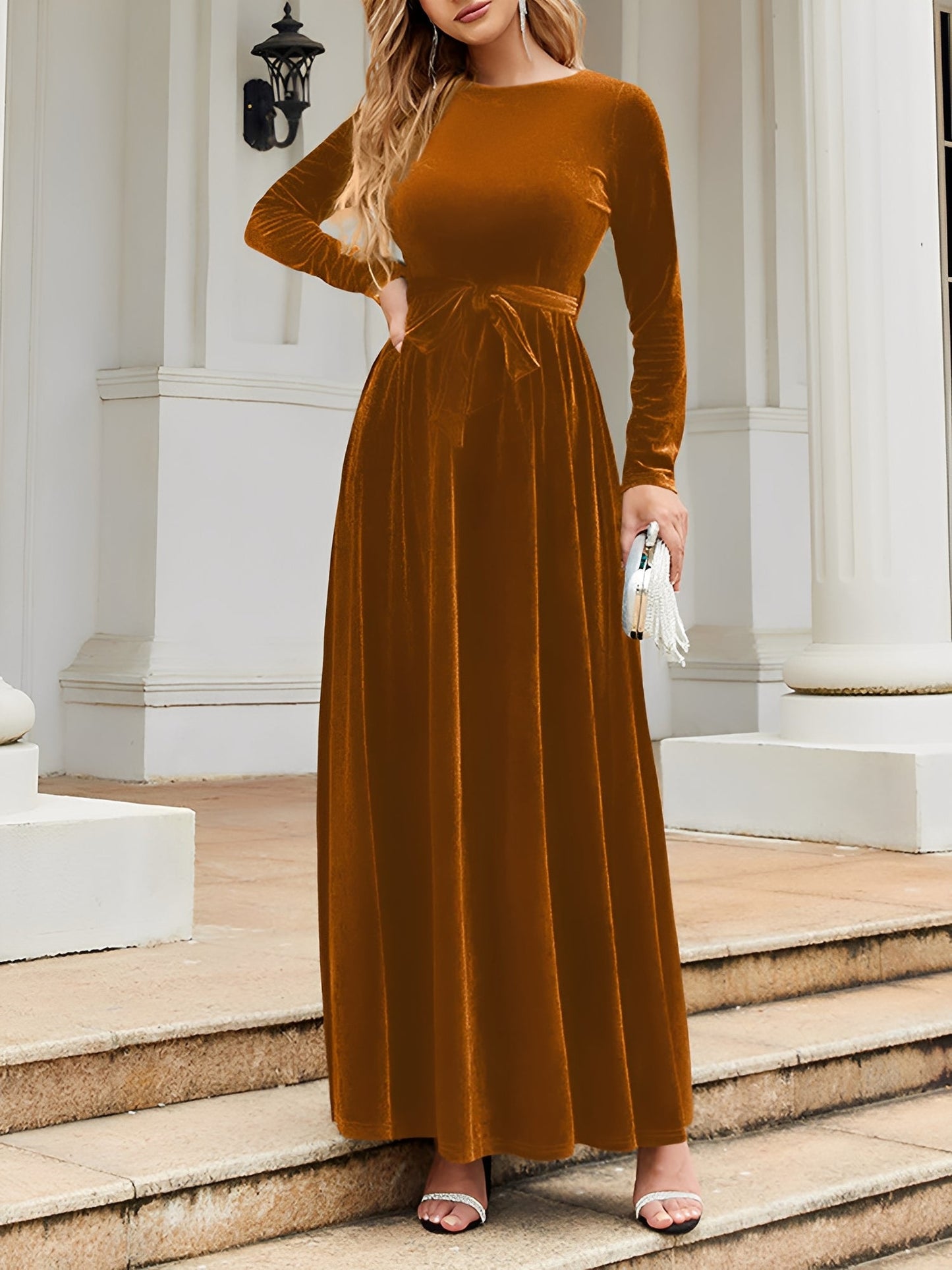 Elegant Velvet Maxi Dress for Women with Round Neck Long Sleeve Belted Flowing Autumn Wedding Guest Style