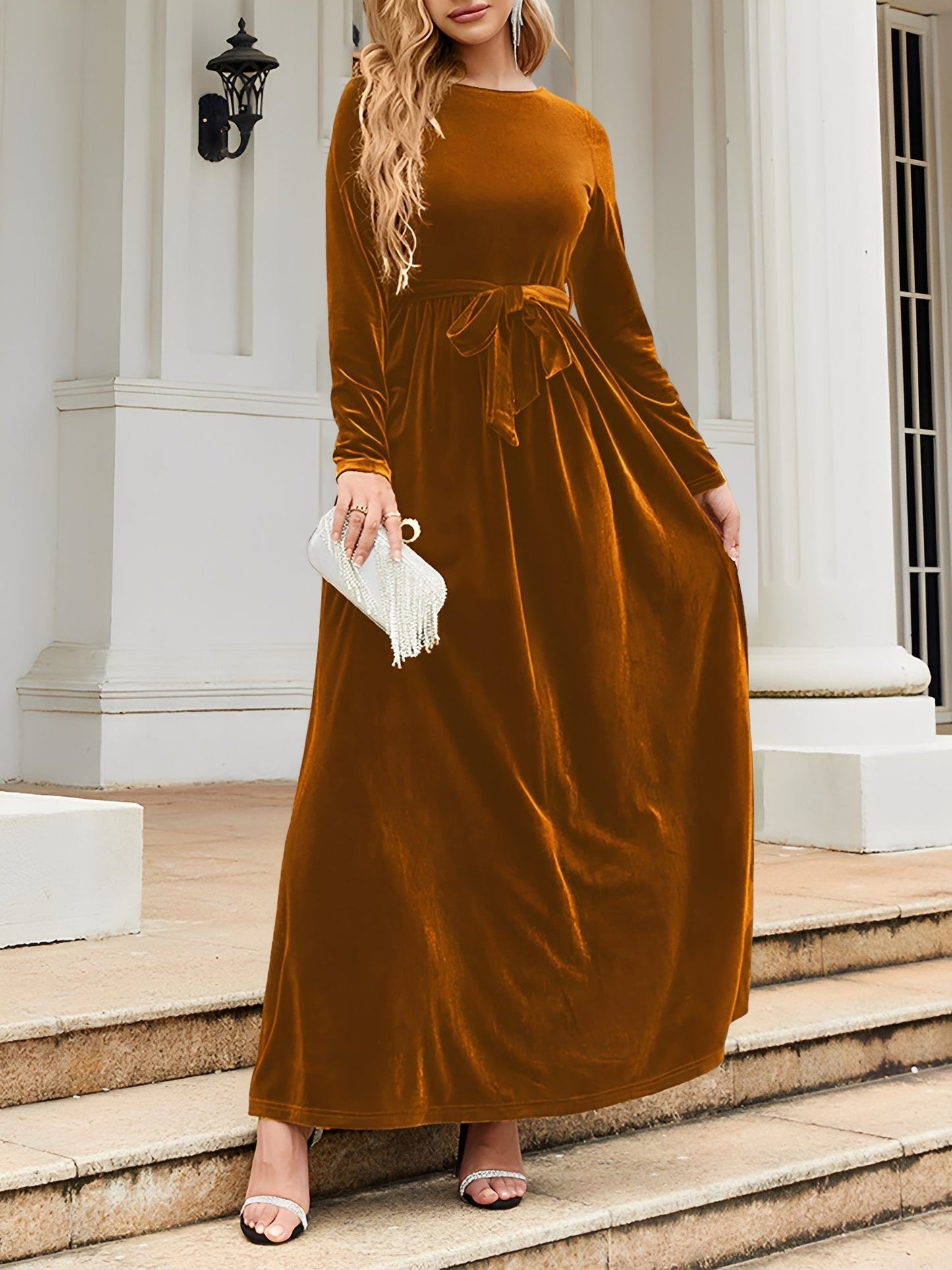 Elegant Velvet Maxi Dress for Women with Round Neck Long Sleeve Belted Flowing Autumn Wedding Guest Style