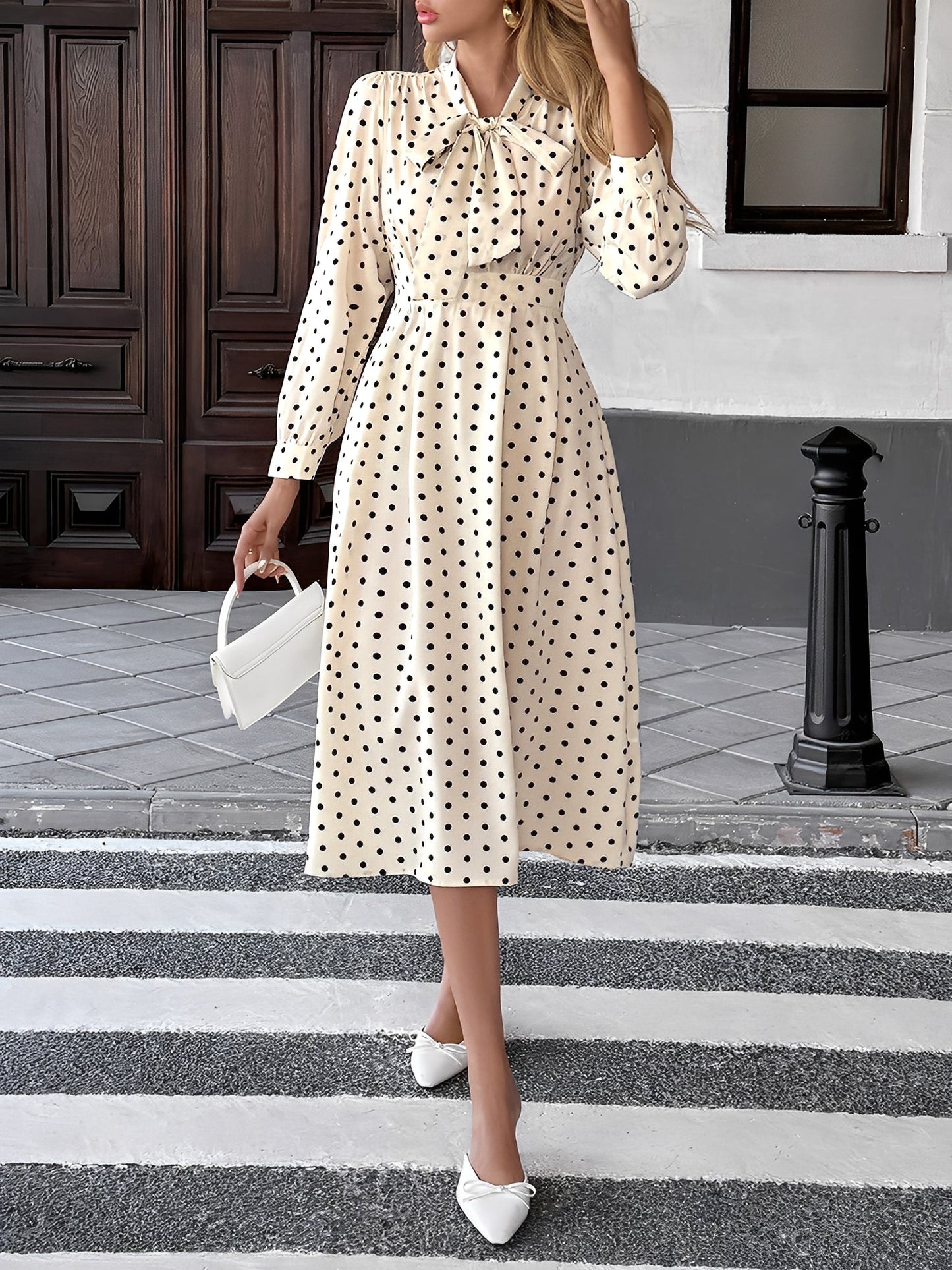 Elegant Cream Polka Dot A Line Wedding Dress for Women with Tie Neck Long Sleeve