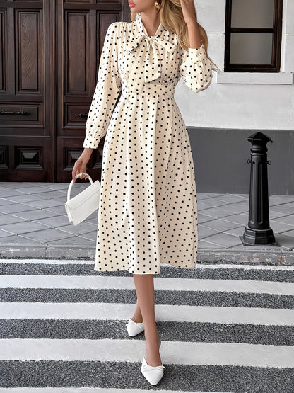 Elegant Cream Polka Dot A Line Wedding Dress for Women with Tie Neck Long Sleeve