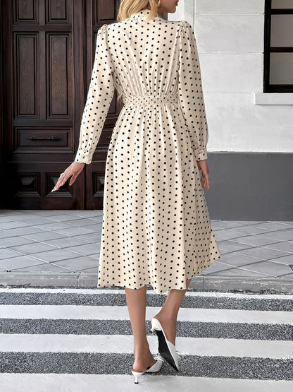 Elegant Cream Polka Dot A Line Wedding Dress for Women with Tie Neck Long Sleeve