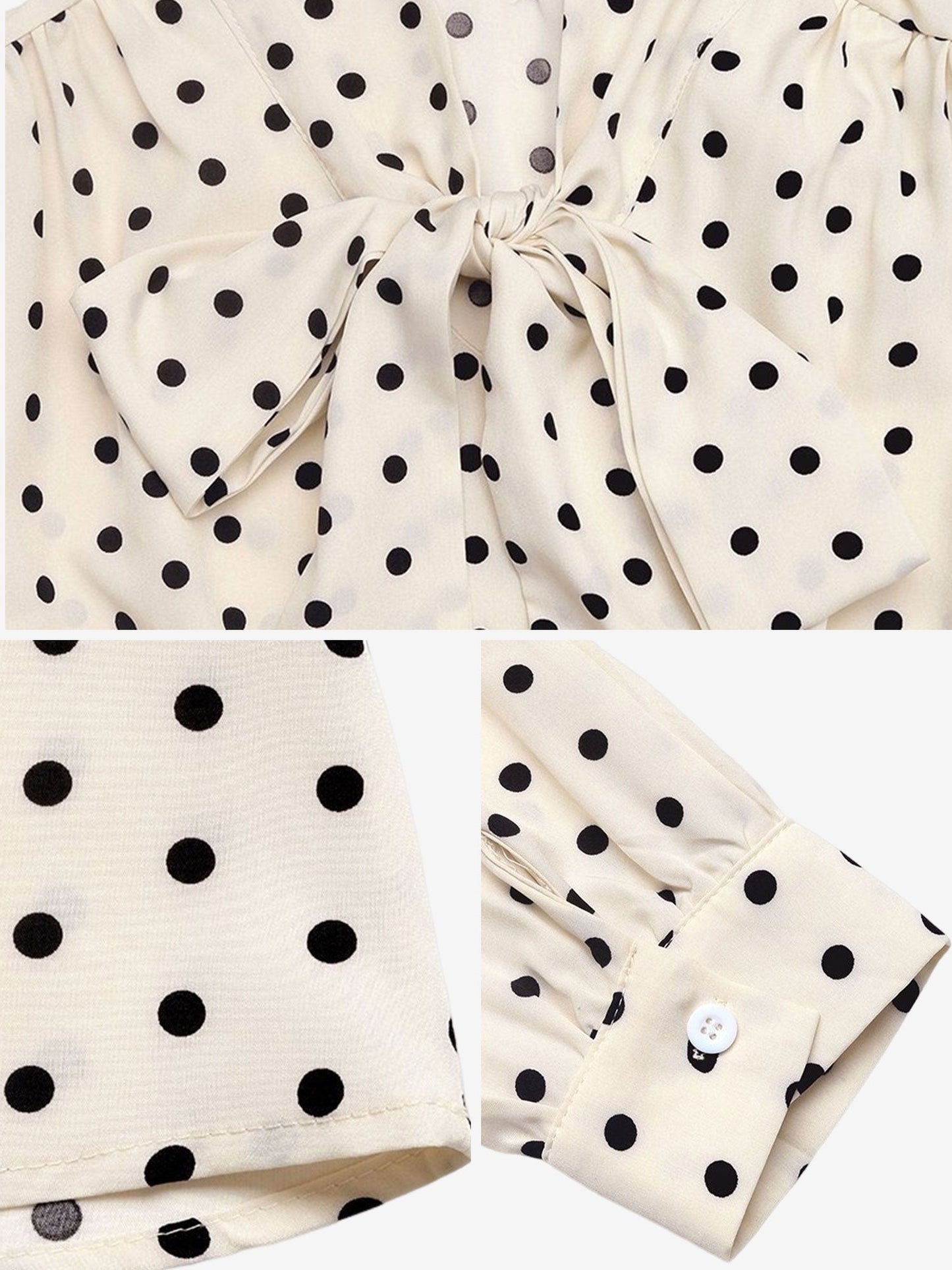 Elegant Cream Polka Dot A Line Wedding Dress for Women with Tie Neck Long Sleeve