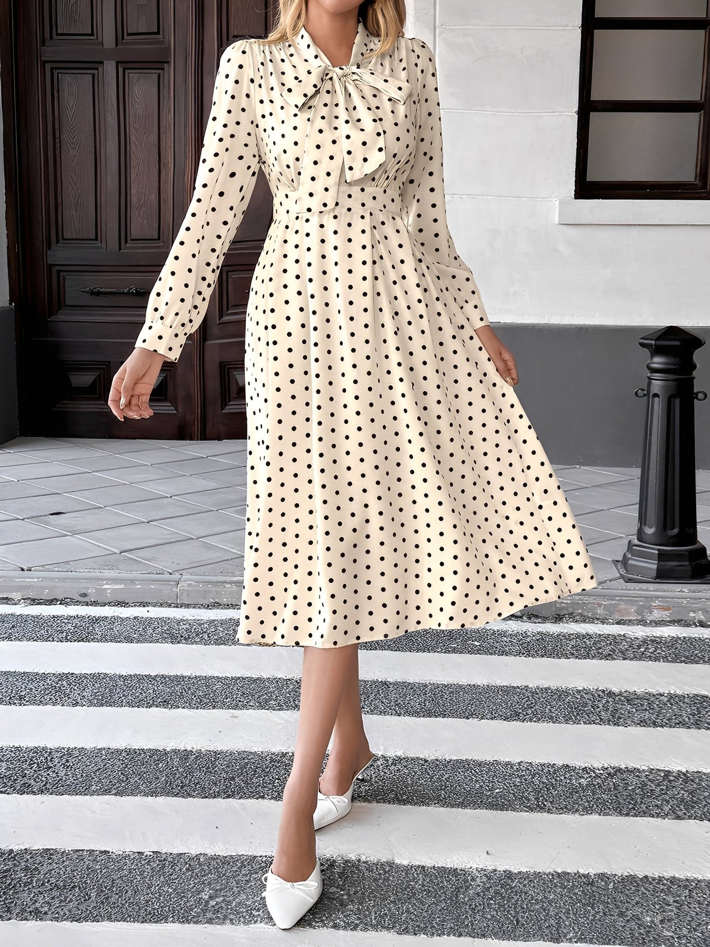 Elegant Cream Polka Dot A Line Wedding Dress for Women with Tie Neck Long Sleeve