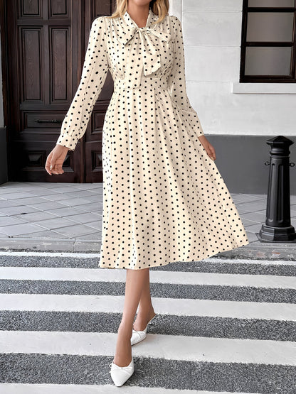 Elegant Cream Polka Dot A Line Wedding Dress for Women with Tie Neck Long Sleeve