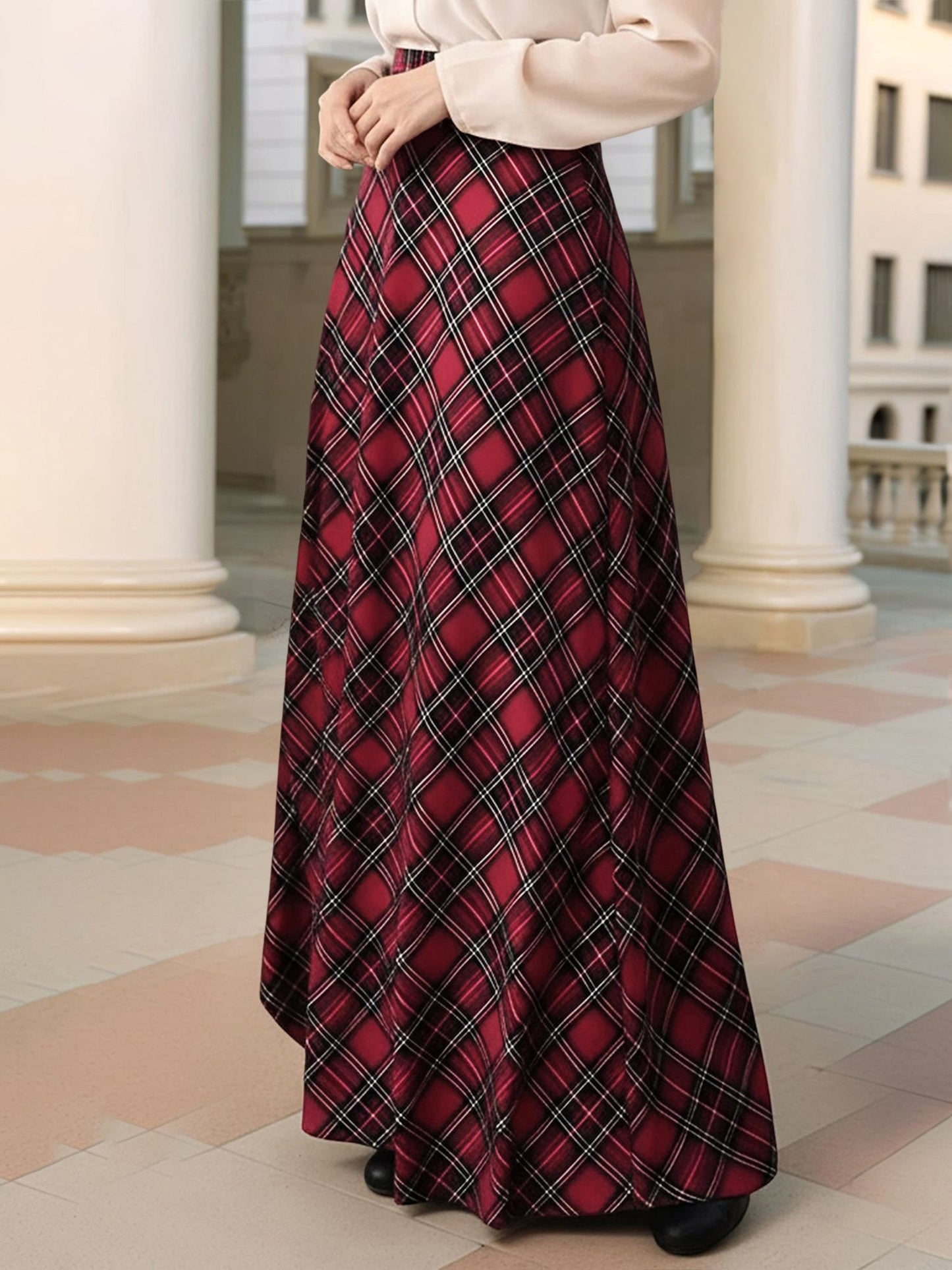 Stylish Maxi Skirts for Women with Plaid Pockets A-Line Holiday Style