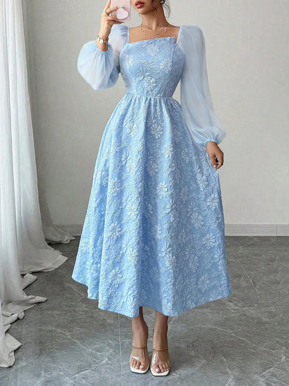 Elegant Midi Dress for Women with Square Neck Long Sleeve Flowing A Line Formal Wedding Guest Style