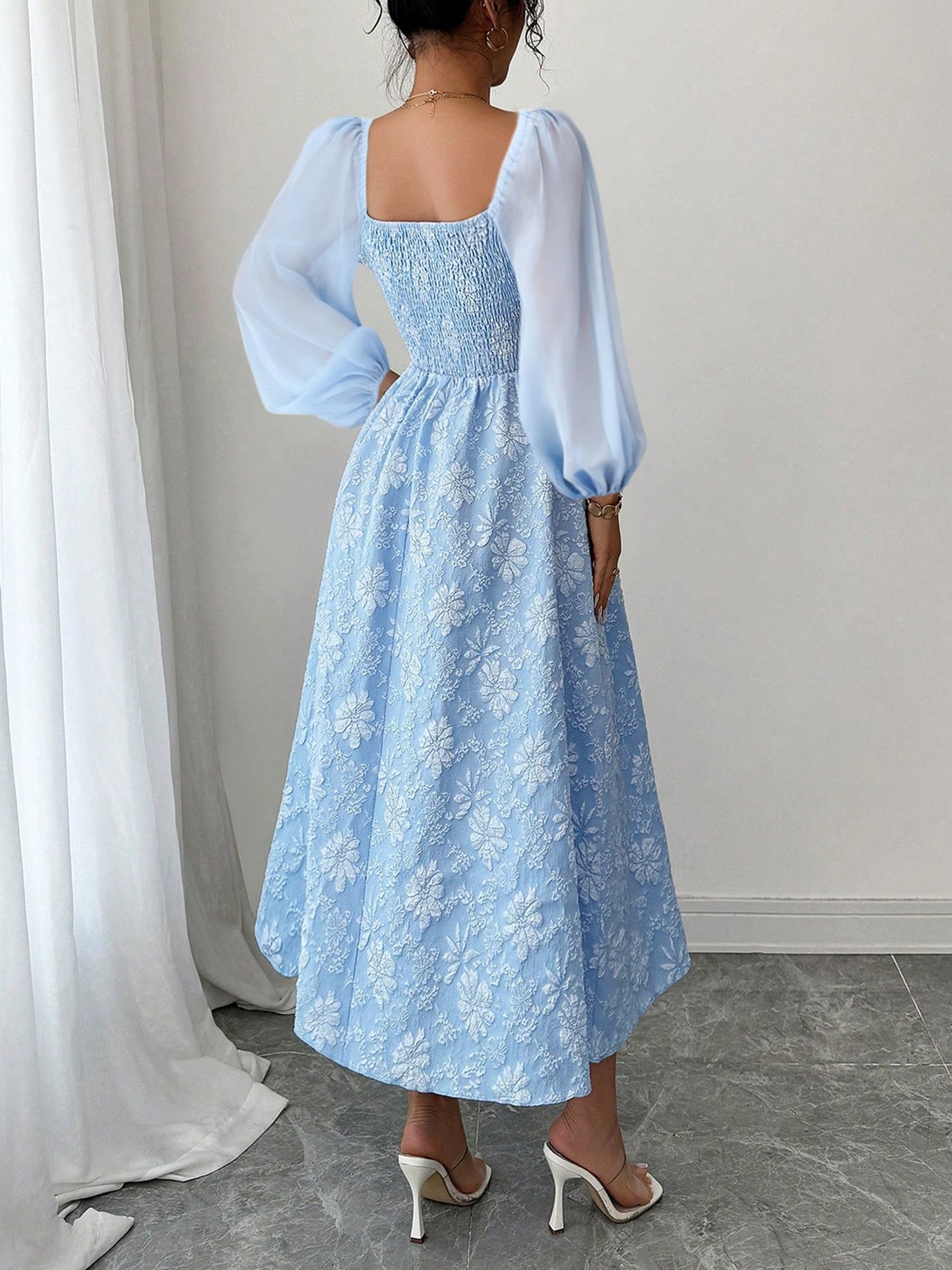 Elegant Midi Dress for Women with Square Neck Long Sleeve Flowing A Line Formal Wedding Guest Style