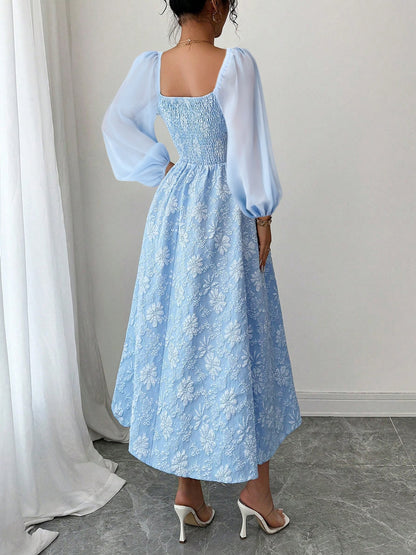 Elegant Midi Dress for Women with Square Neck Long Sleeve Flowing A Line Formal Wedding Guest Style