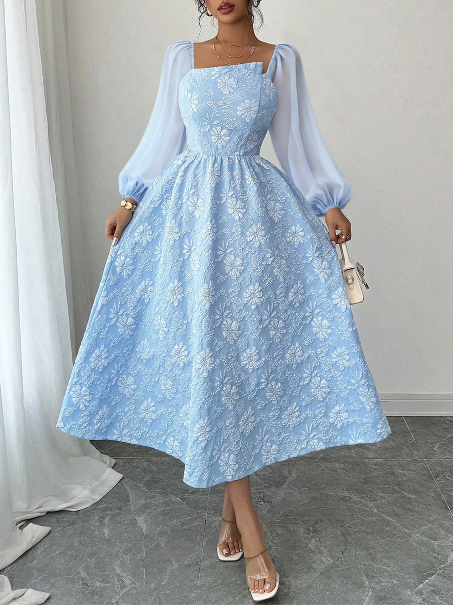 Elegant Midi Dress for Women with Square Neck Long Sleeve Flowing A Line Formal Wedding Guest Style
