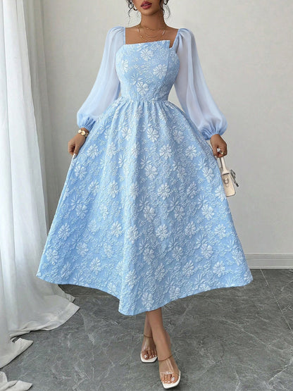 Elegant Midi Dress for Women with Square Neck Long Sleeve Flowing A Line Formal Wedding Guest Style