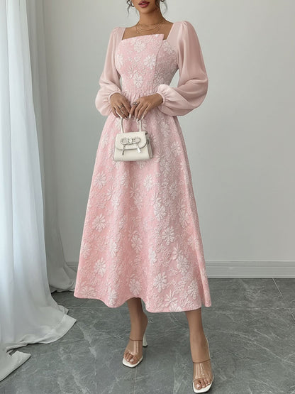 Elegant Midi Dress for Women with Square Neck Long Sleeve Flowing A Line Formal Wedding Guest Style